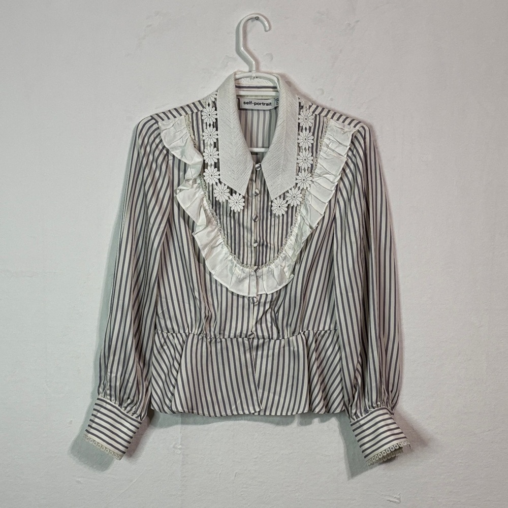 Self-Portrait Black and White Striped Blouse with Lace Detail